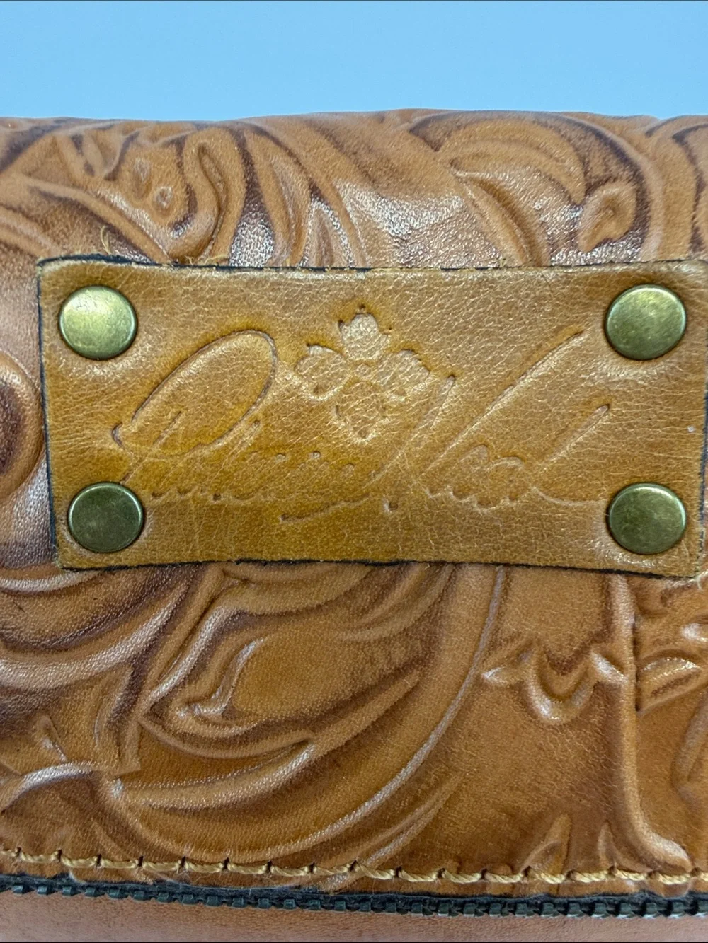 Patricia Nash Valerie Cognac Tooled Leather Foldover Wristlet Clutch Bag